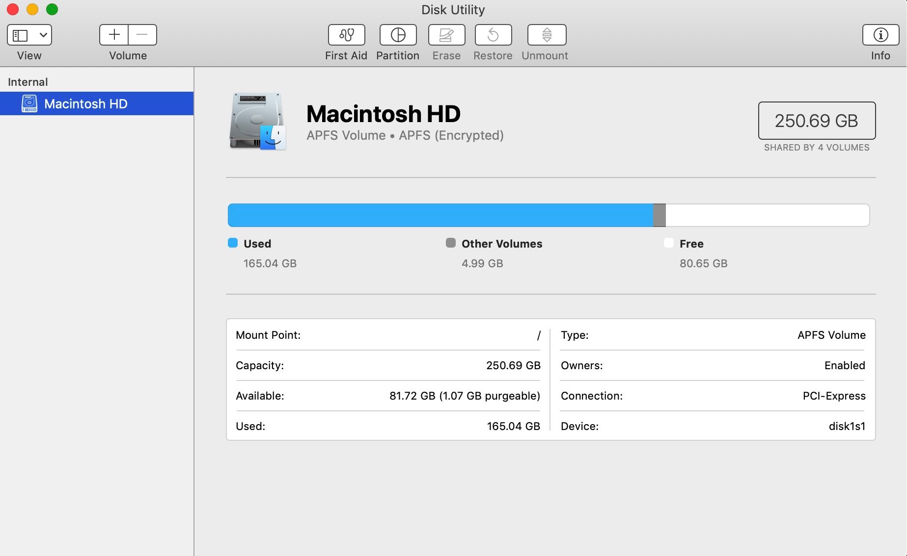 تصویری از برنامه Disk Utility در رایانه مک بوک.