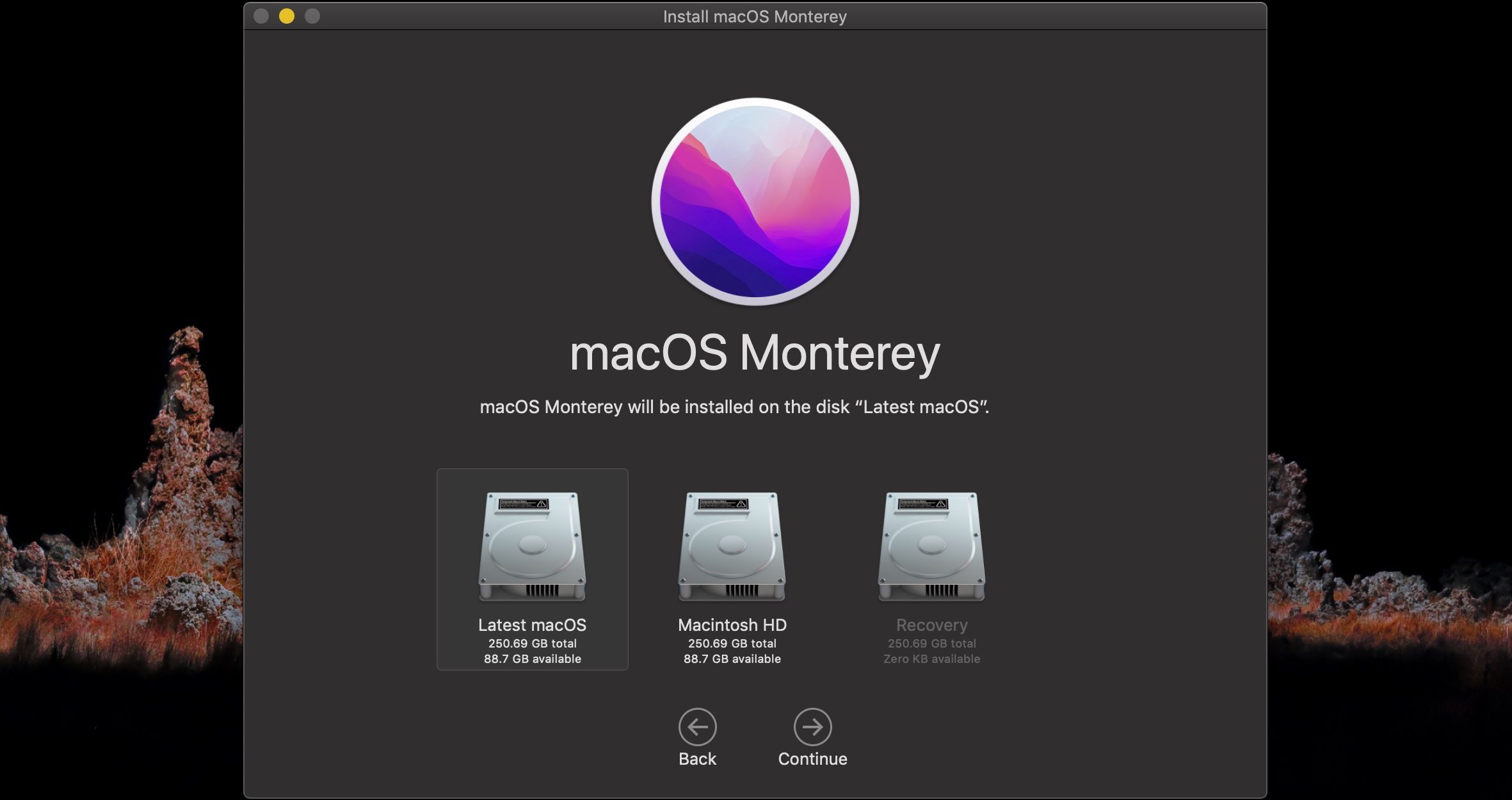 تصویری از پنجره گفتگوی نصب برای macOS Monterey