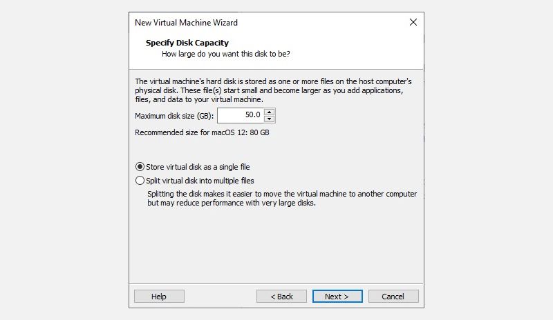 macos monterey vmware select disk size