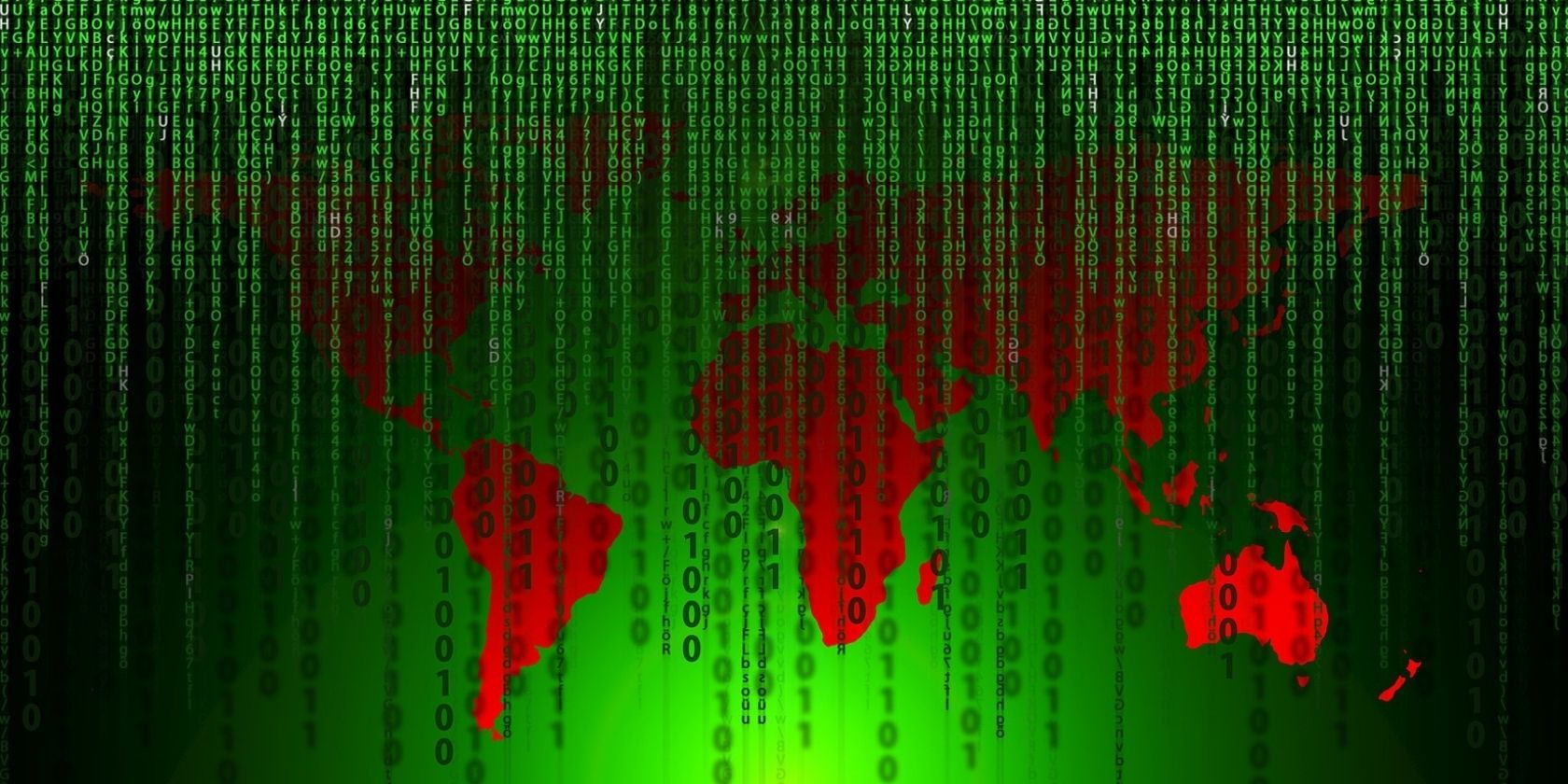 red world map behind green binary code 