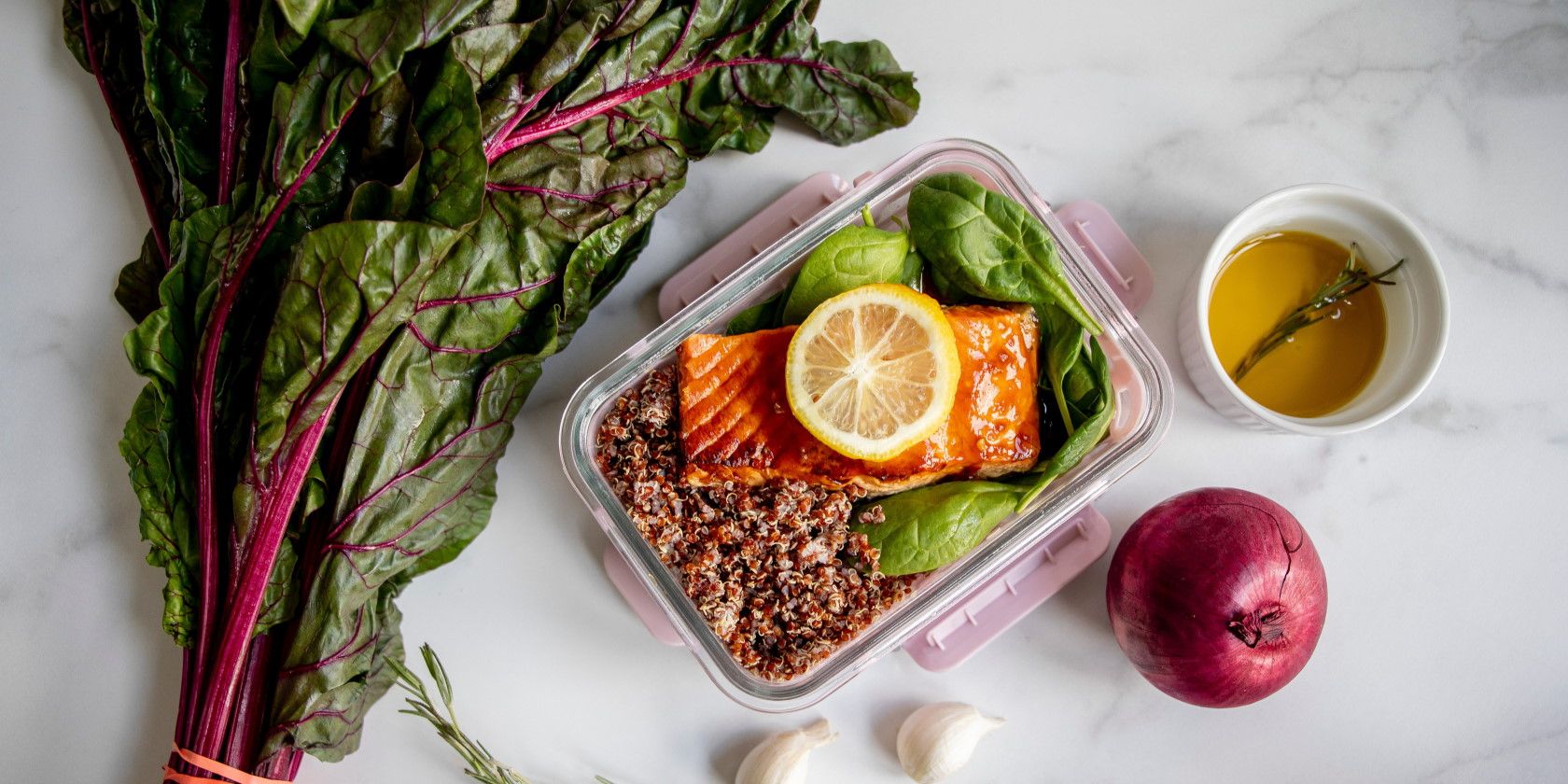 Salmon rice meal packed in lunchbox on tabletop