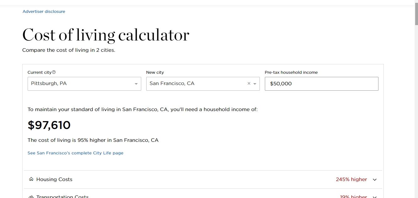 NerdWallet cost of living calculator screenshot