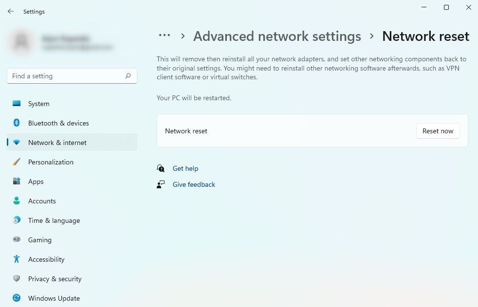 resetting network from the settings app