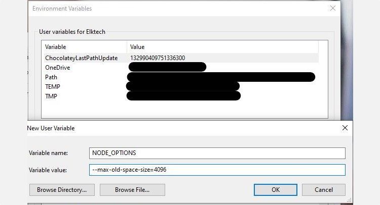 A Windows dialog showing a new environment variable with fields for name and value