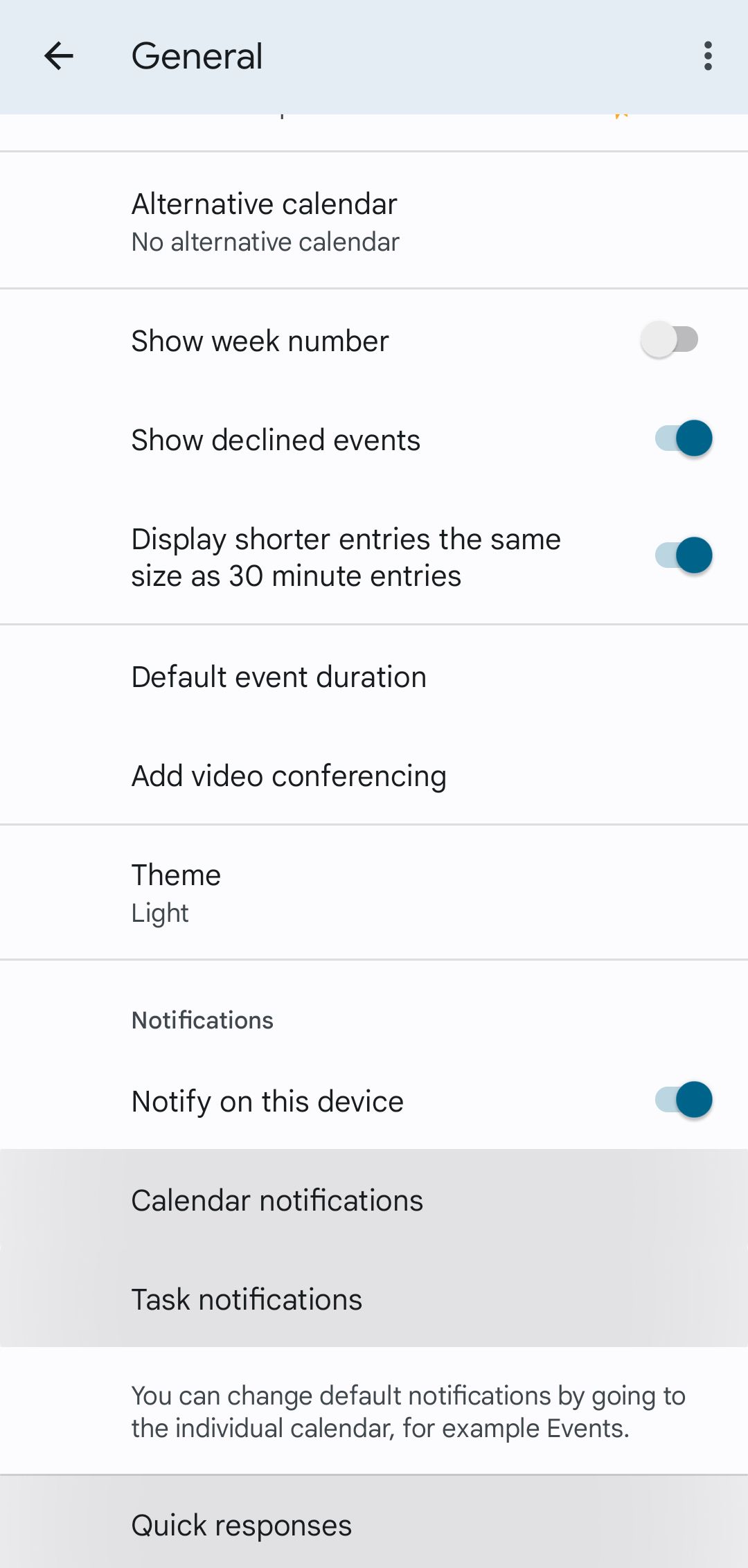 Notification and Quick Response Settings on Google Calendar