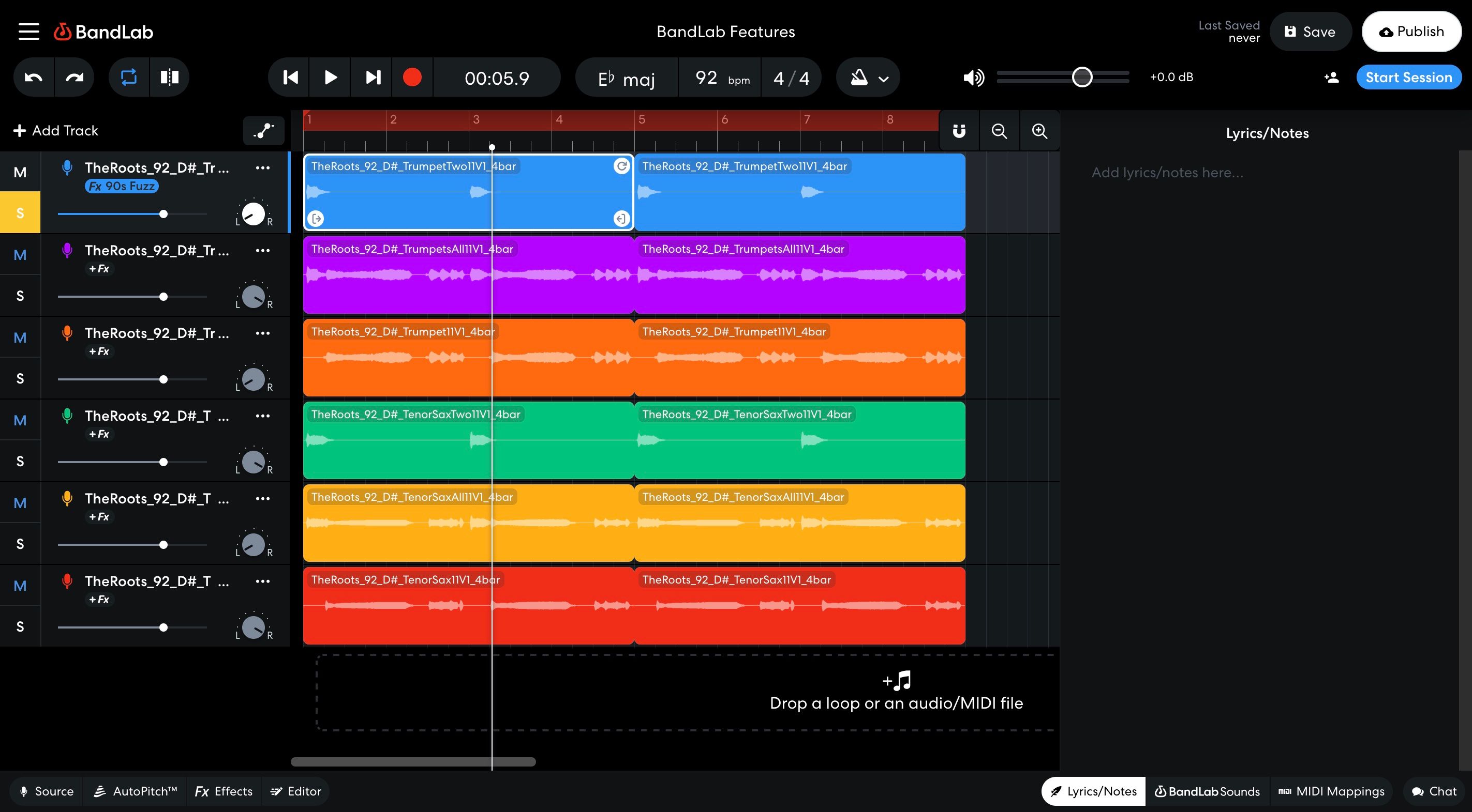 Screenshot of BandLab DAW interface with several different colored tracks. 