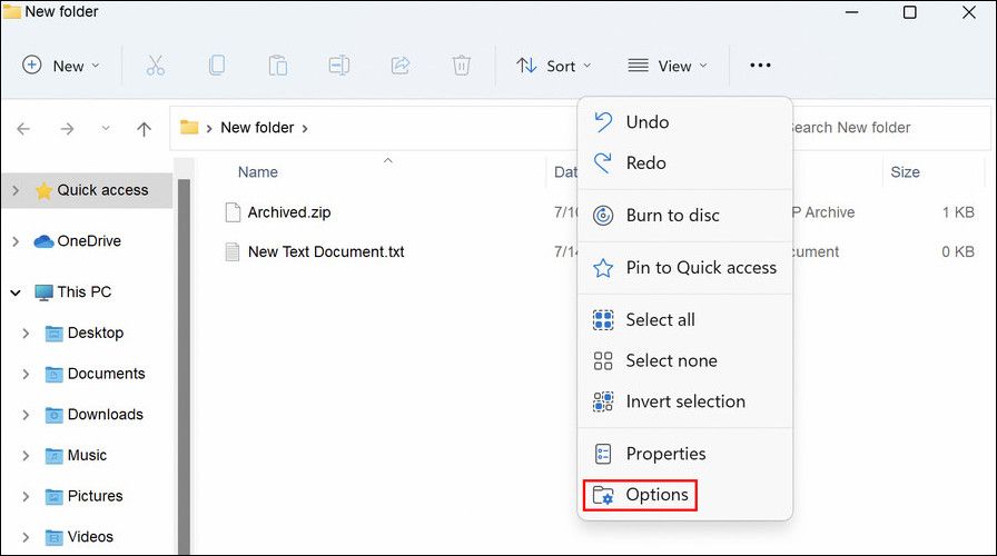 Options in File Explorer