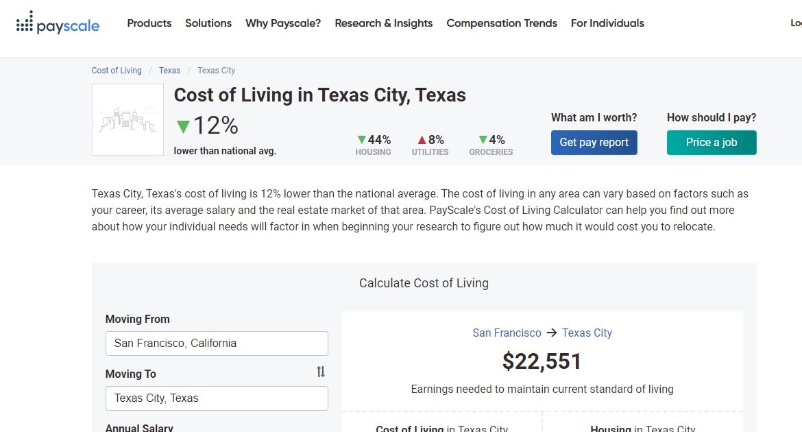 payscale cost of living calculator screenshot