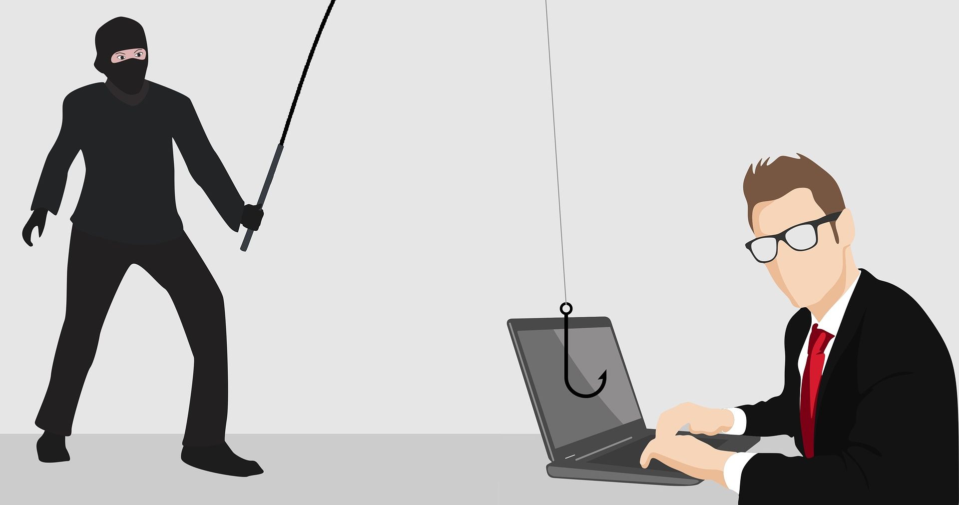 criminal using phishing hook to steal from laptop