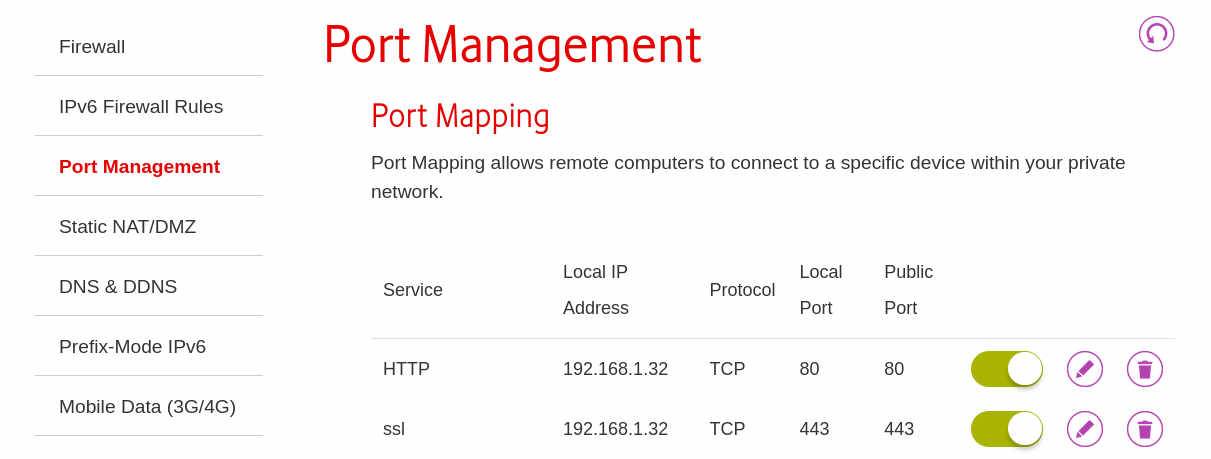 Screenshot of a router admin page showing HTTP requests being forwarded to 80 and HTTPS requests to 443