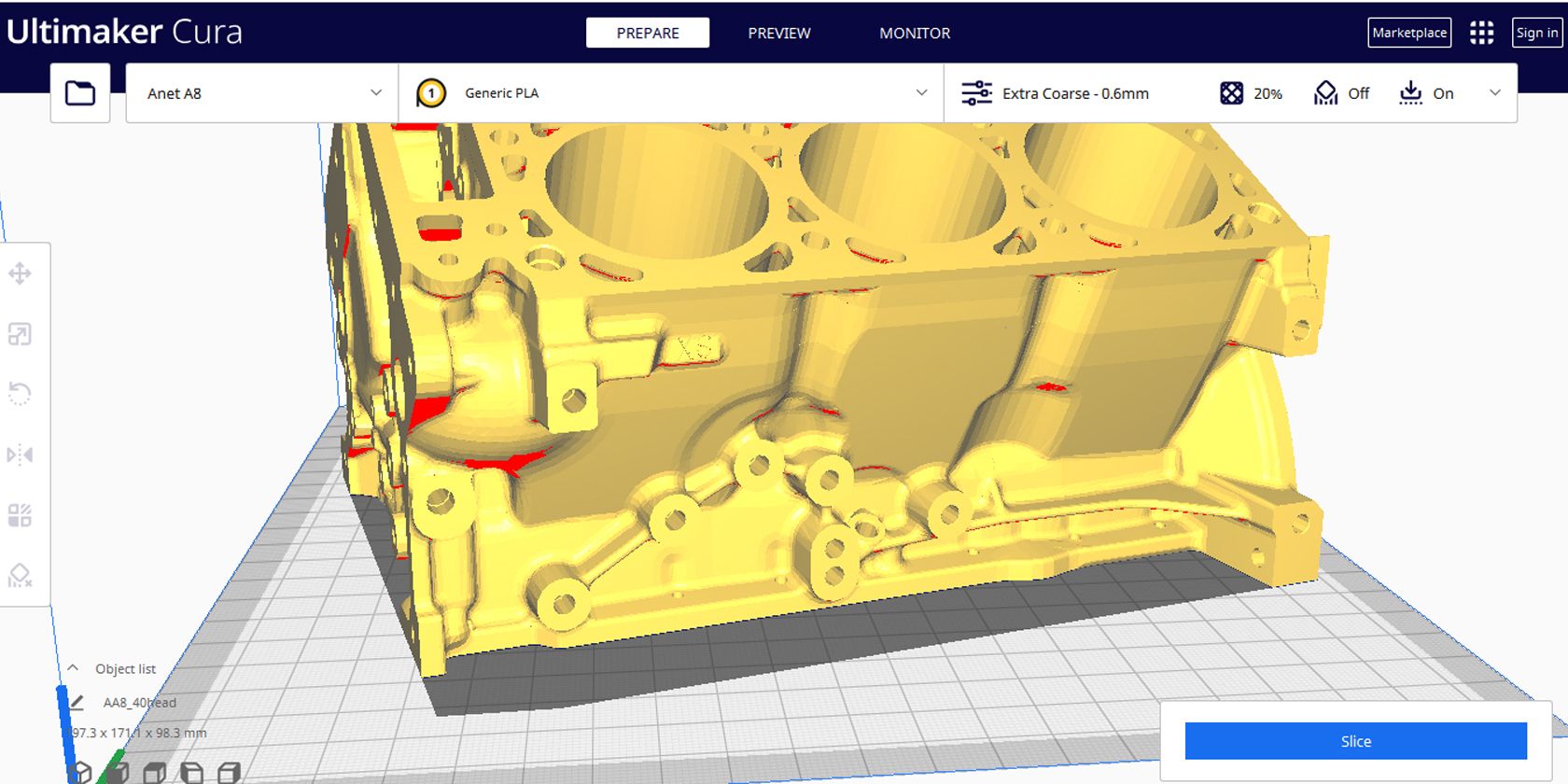 A 3D model of an engine in cura slicer being prepared for 3D slicing
