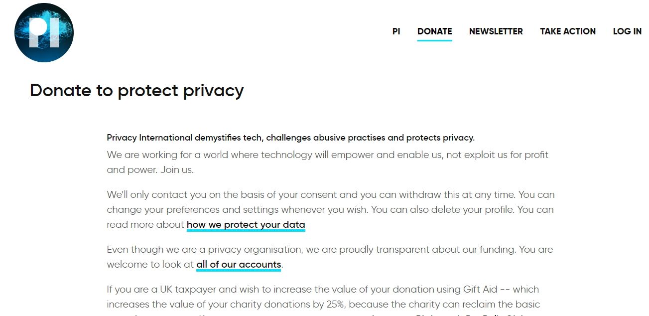 privacy international donate screenshot