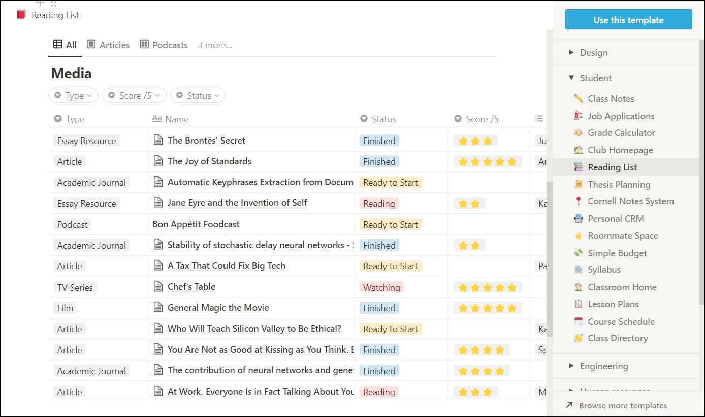 Reading list template on Notion