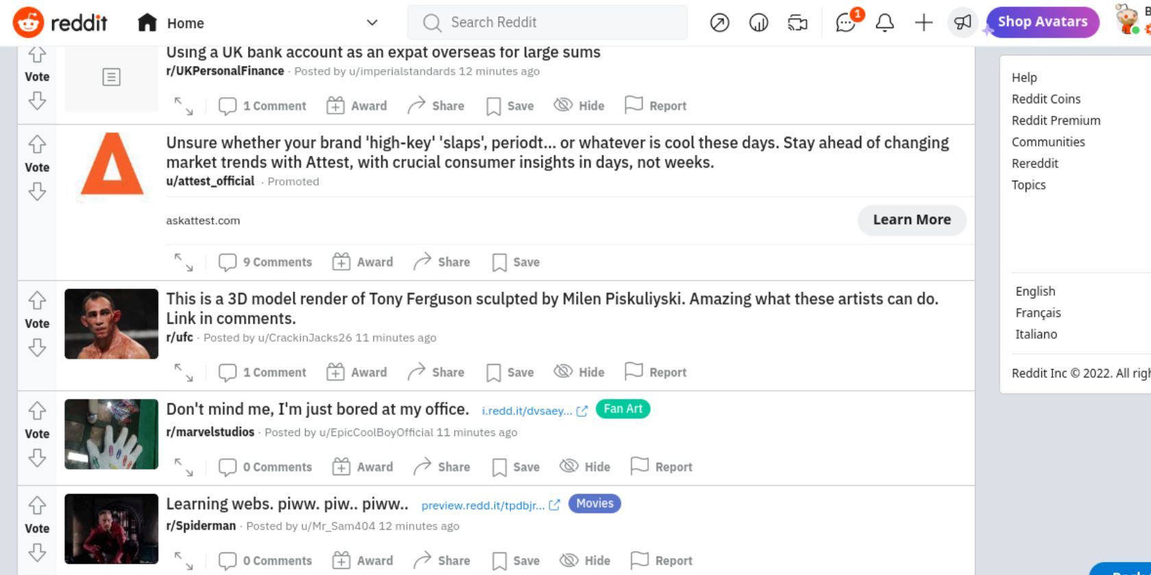 The Reddit home feed with the Classic view