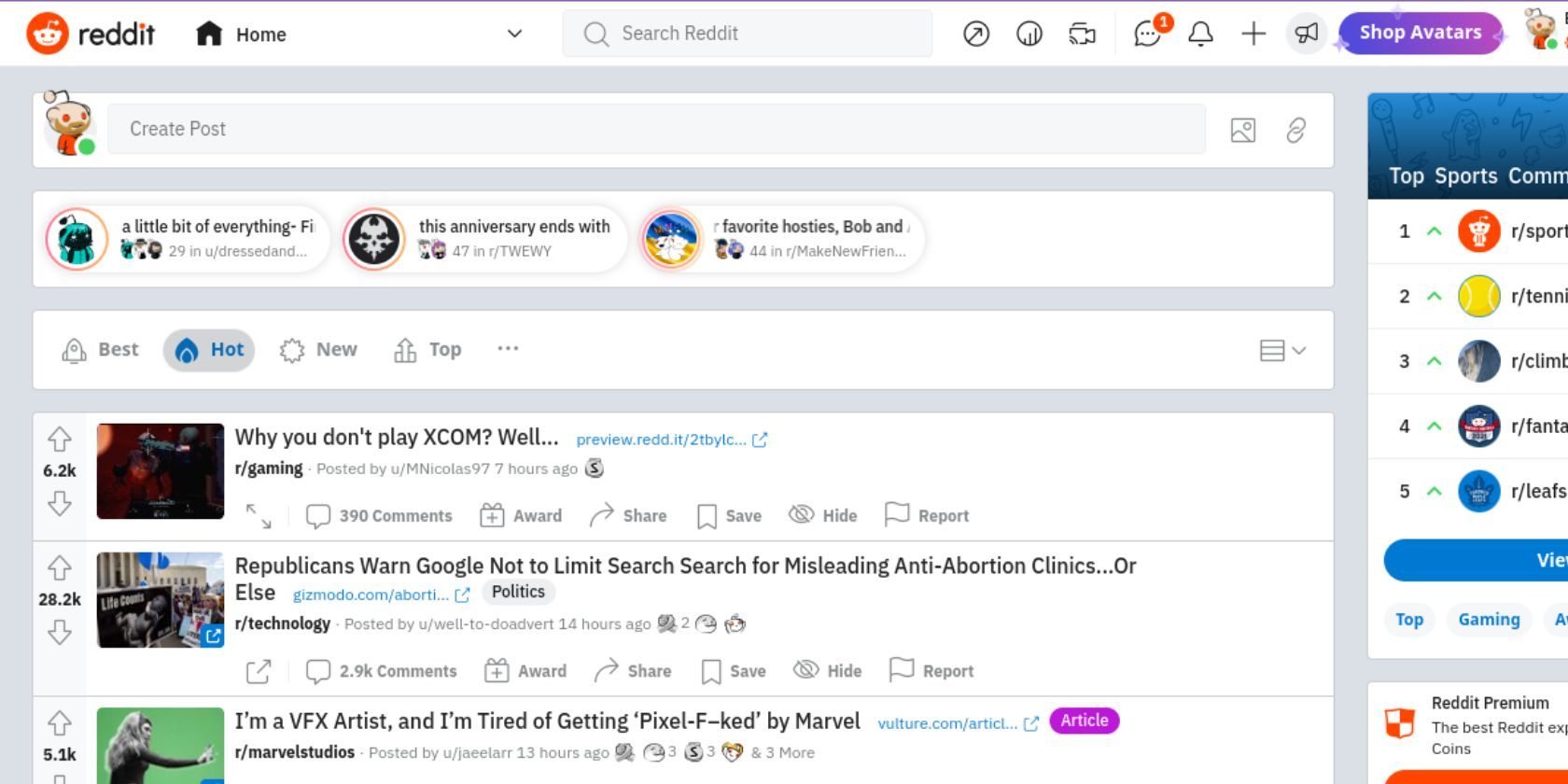 The Reddit home feed sorted by Hot