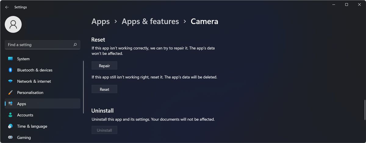 Repairing the camera app in Windows 11