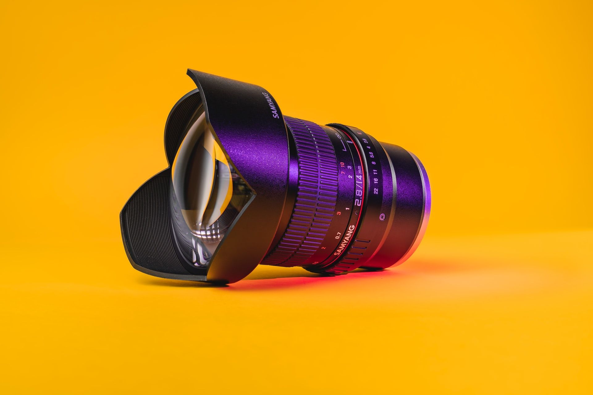 samyang 14mm f/2.8 wide angle lens on yellow background