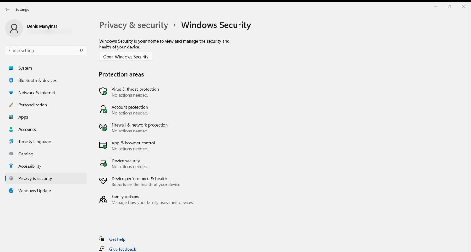 Windows Security's Protection areas