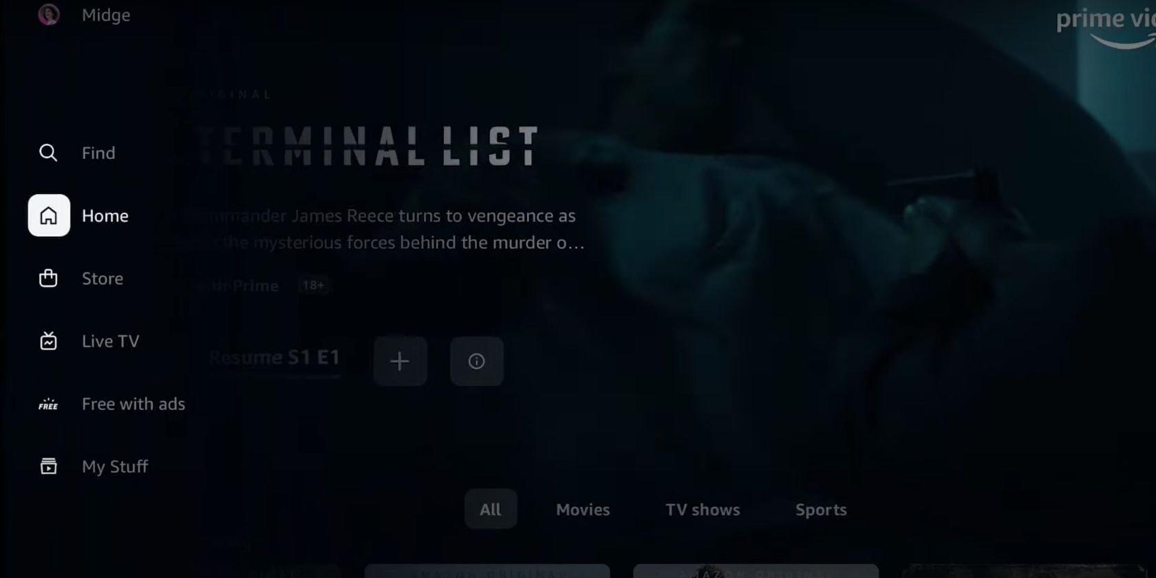 screenshot of amazon prime video with home page selected