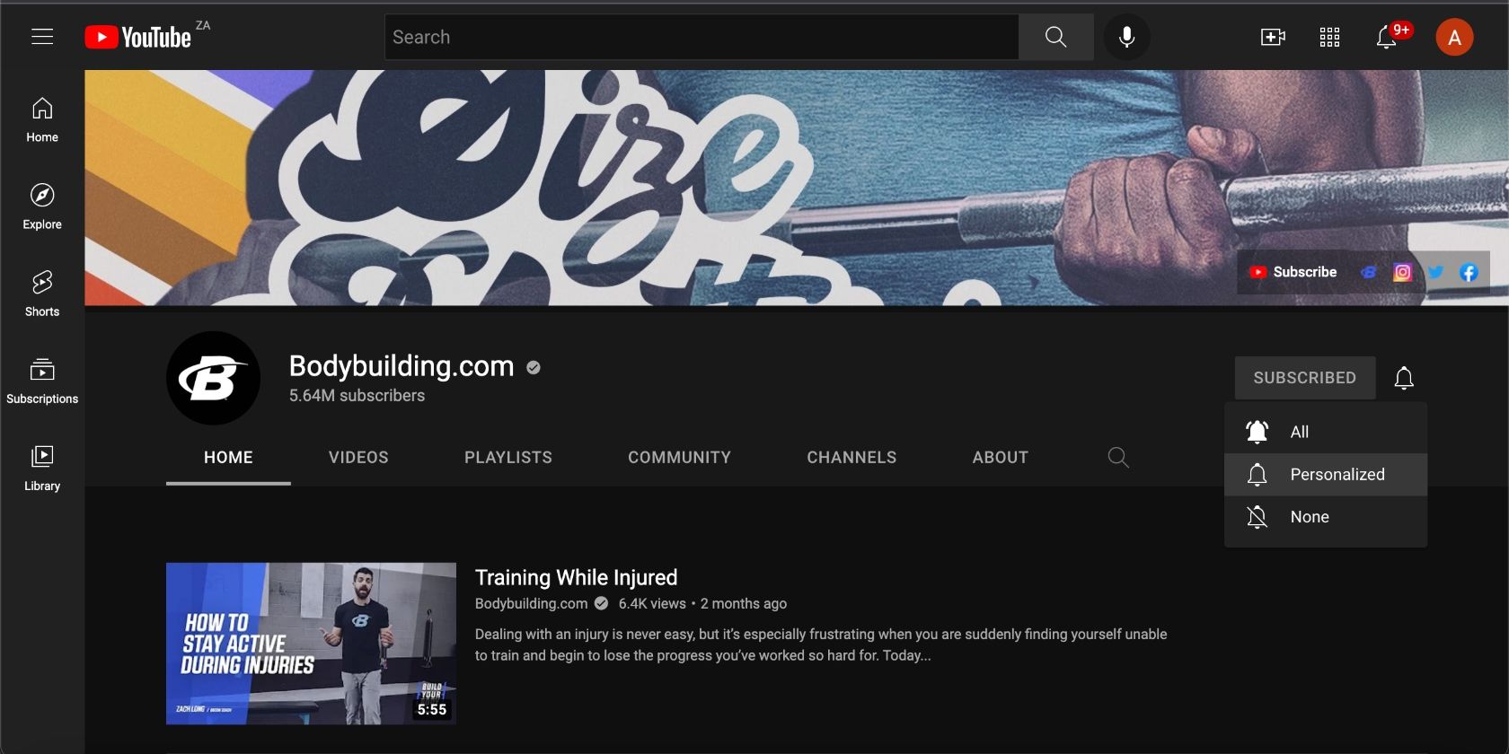screenshot of bodybuilding channel on youtube desktop
