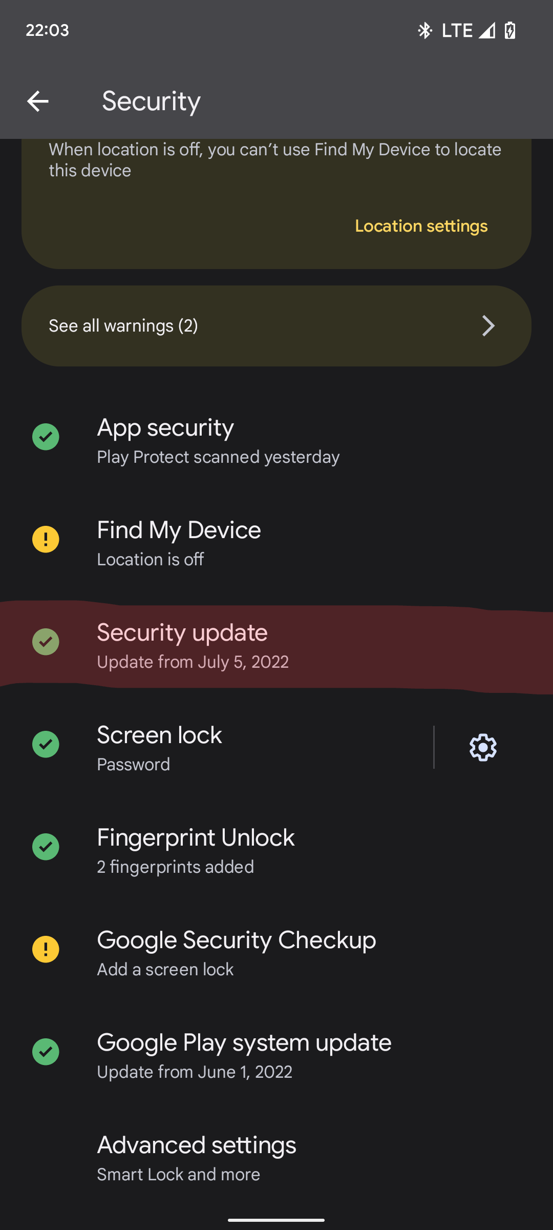 screenshot of Android 12 security page