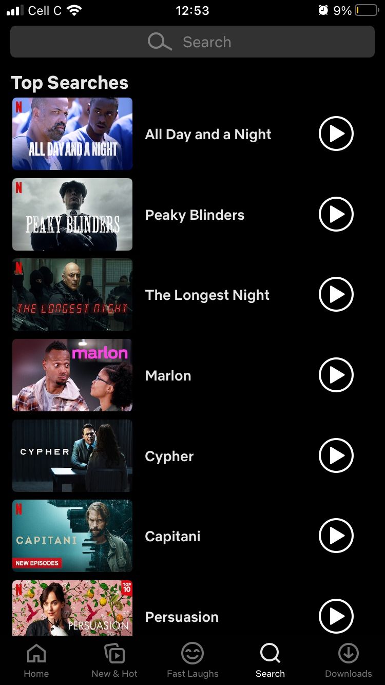 screenshot of netflix search page on mobile