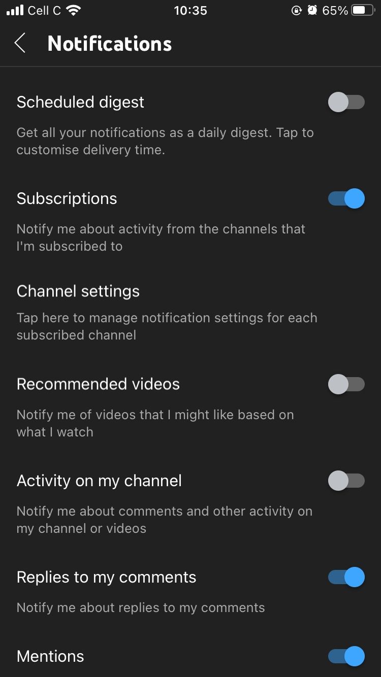 screenshot of notifications page on youtube mobile app
