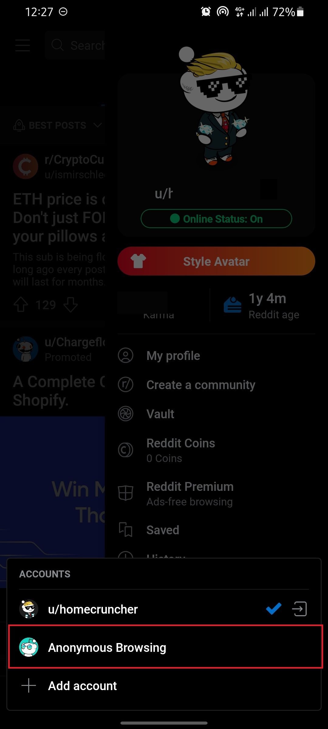 screenshot of reddit mobile displaying anonymous browsing option