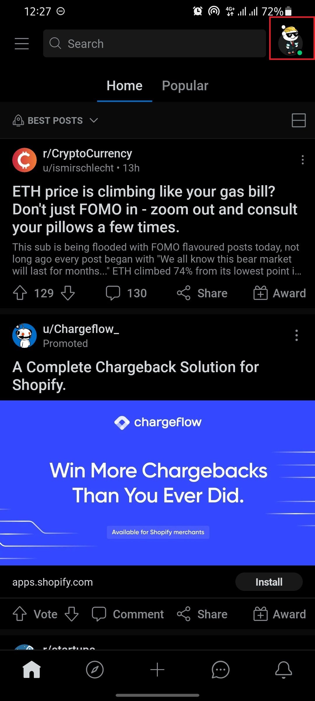 screenshot of reddit mobile homepage