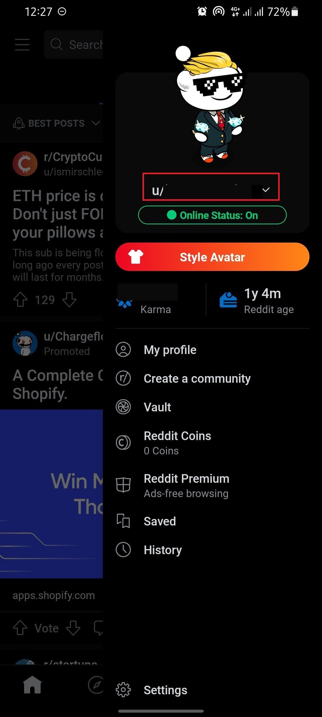 screenshot of reddit mobile page with menu open