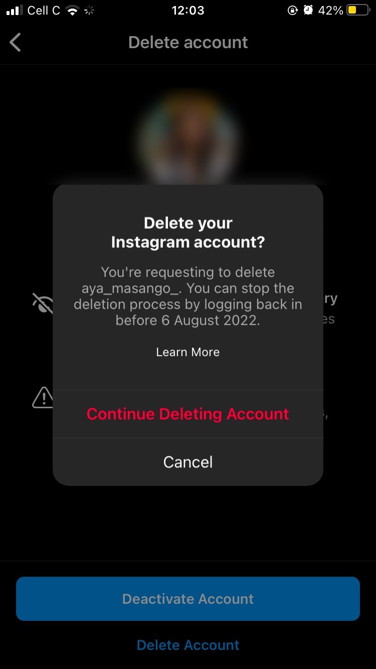 screenshot showing instagram confirmation to delete account on ios