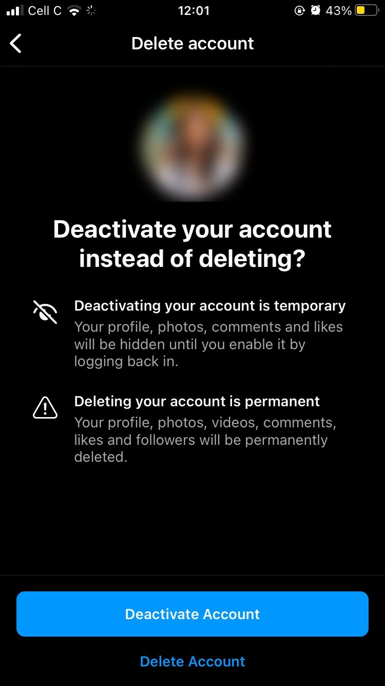 screenshot showing instagram delete account page on ios