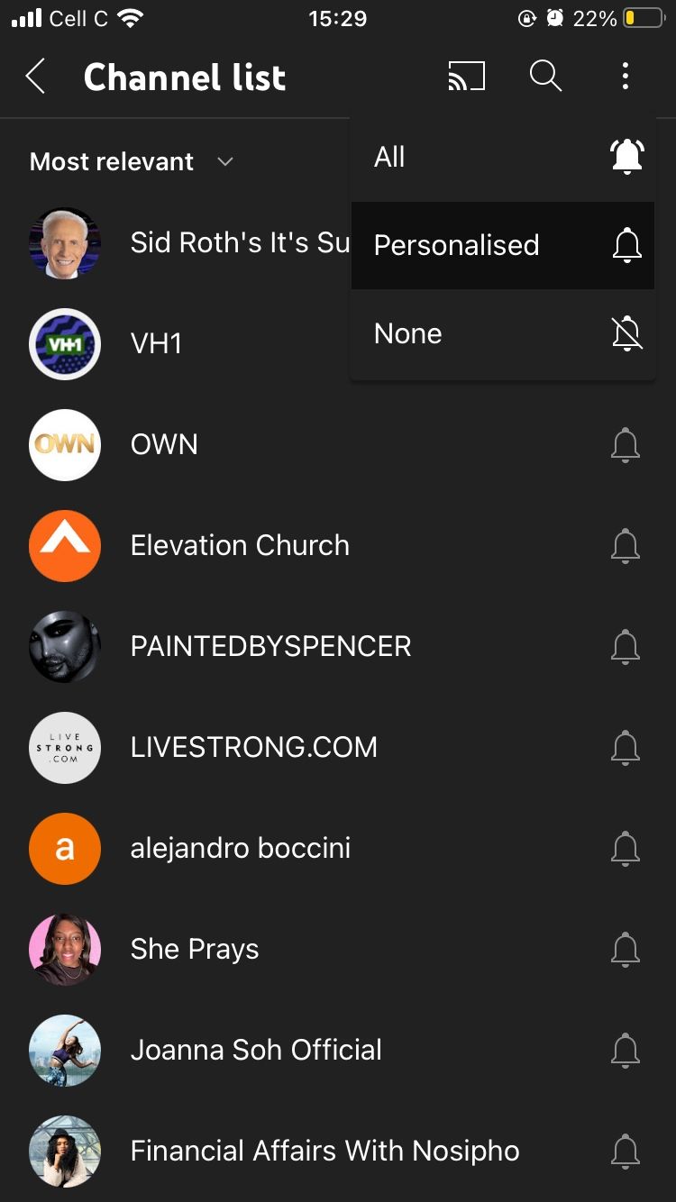 screenshot showing notification bell options for youtube channe;