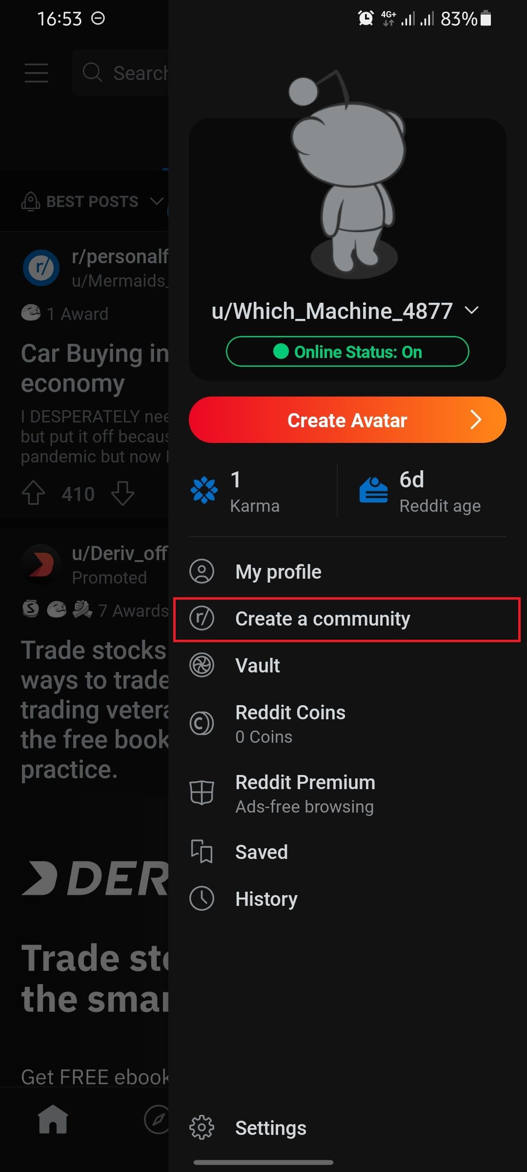 screenshot showing reddit profile menu