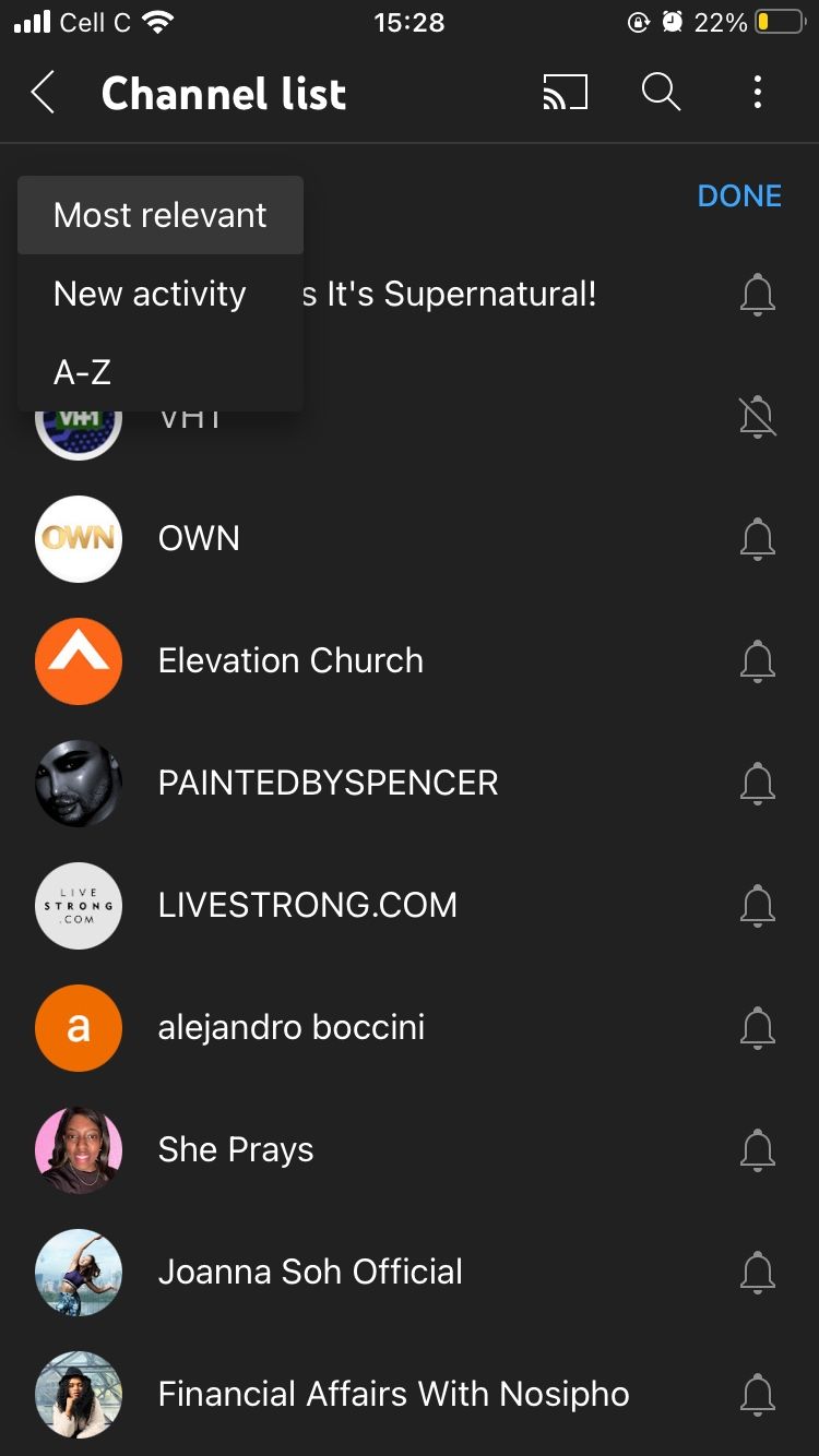 screenshot showing youtube channel list sorting options
