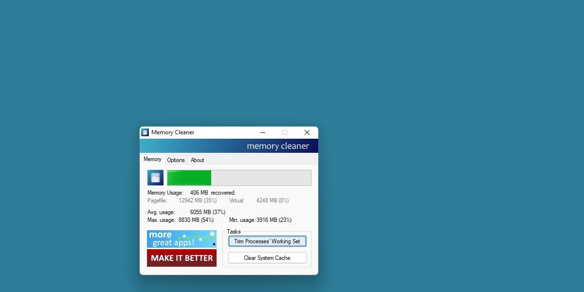 screenshot of memory cleaner trimming processes working set