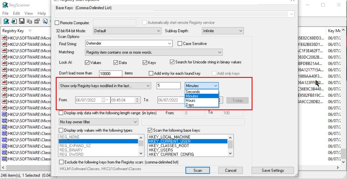 Search by date options in RegScanner utility
