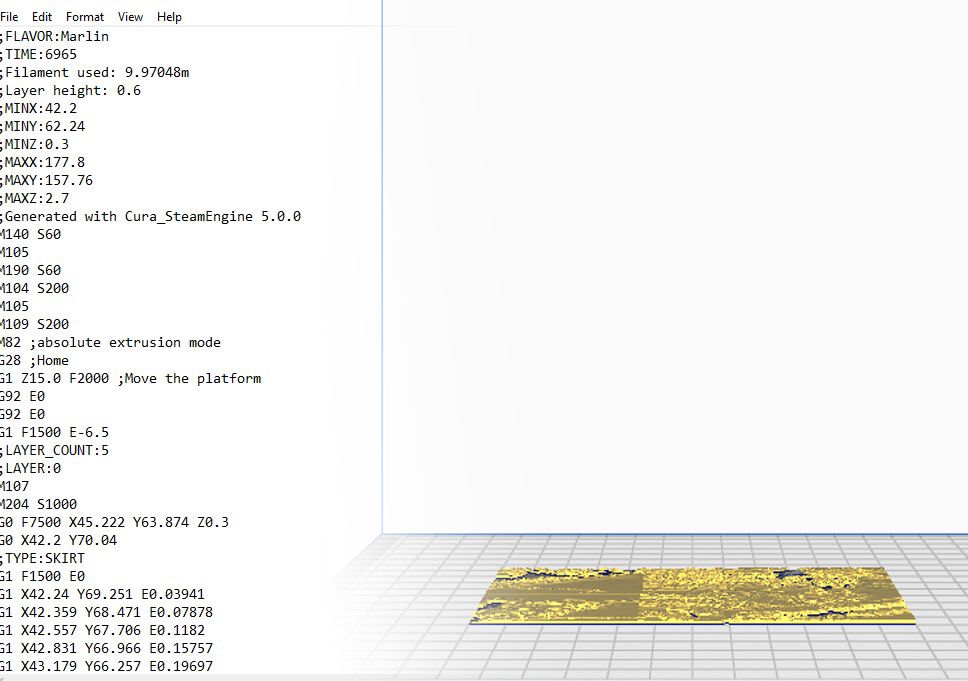 A g-code file generated in Cura after slicing the 3D model