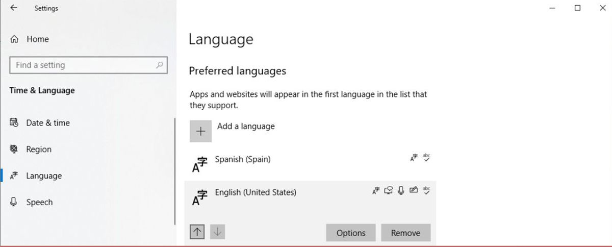 Setting a new language in Windows 10