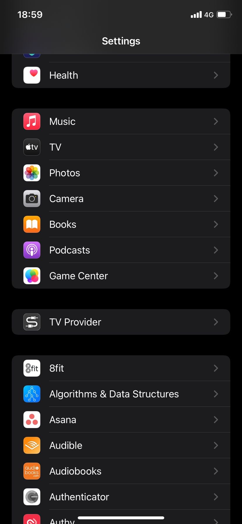 Settings app on iOS