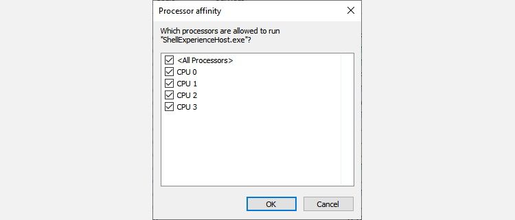 processor affinity for shellexperiencehost process on windows 10