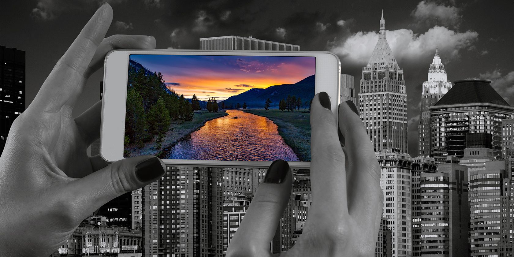 holding a smartphone with a photo of nature on its screen in front of a black and white city
