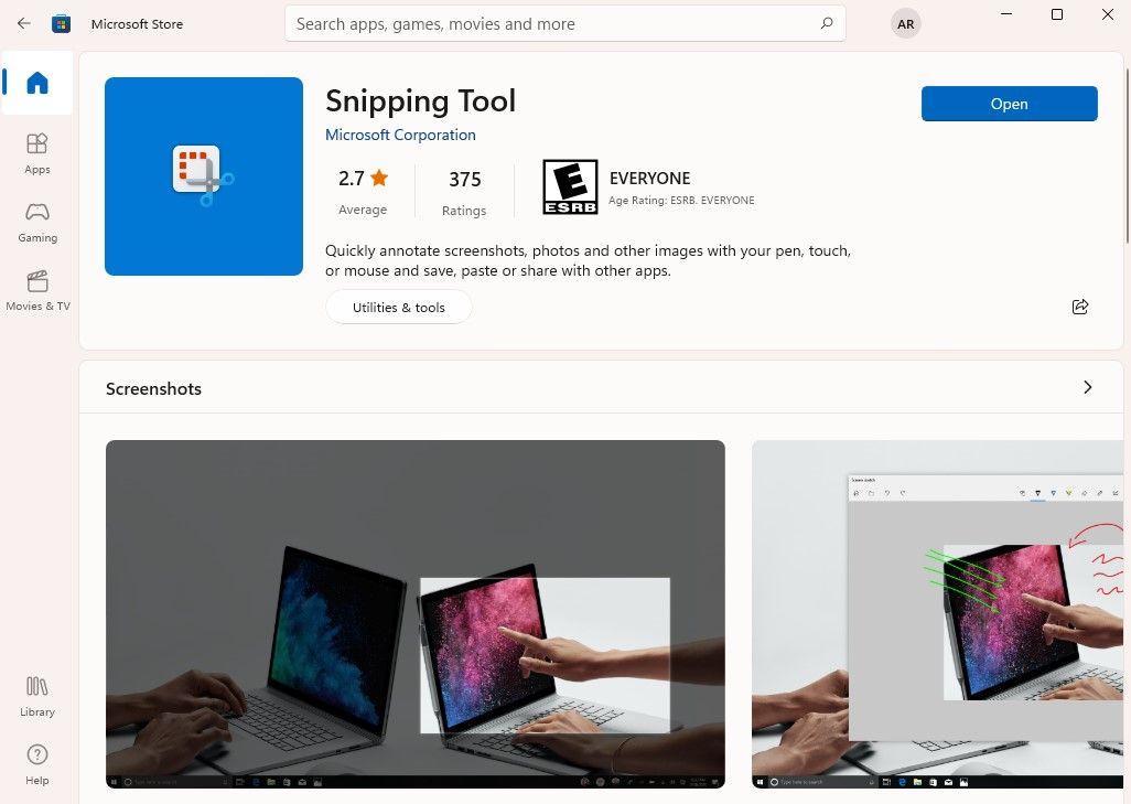 installing the snipping tool from the microsoft store