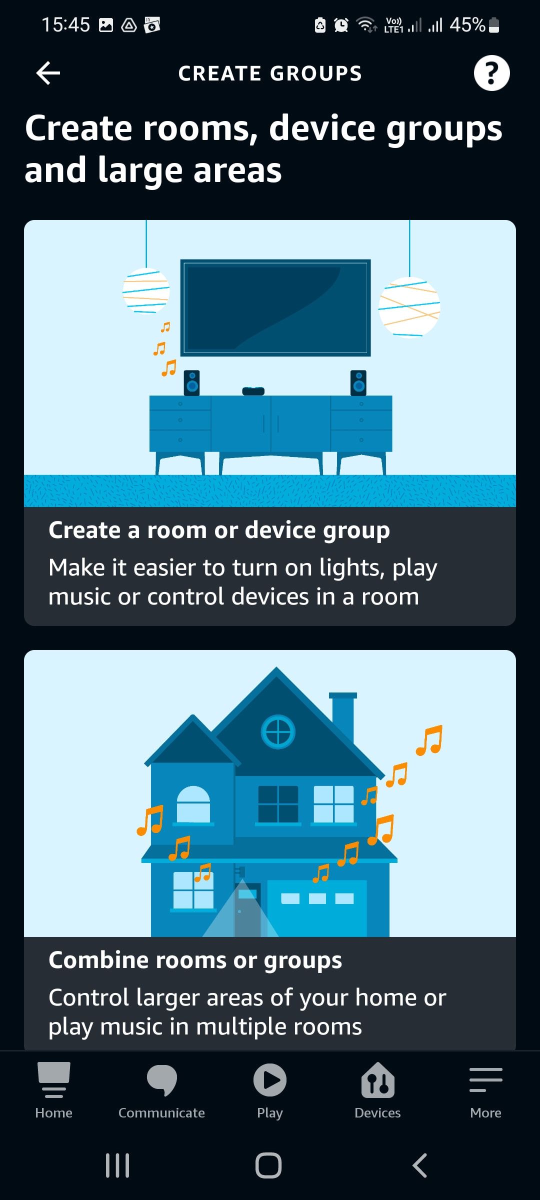 The create groups screen in Alexa app