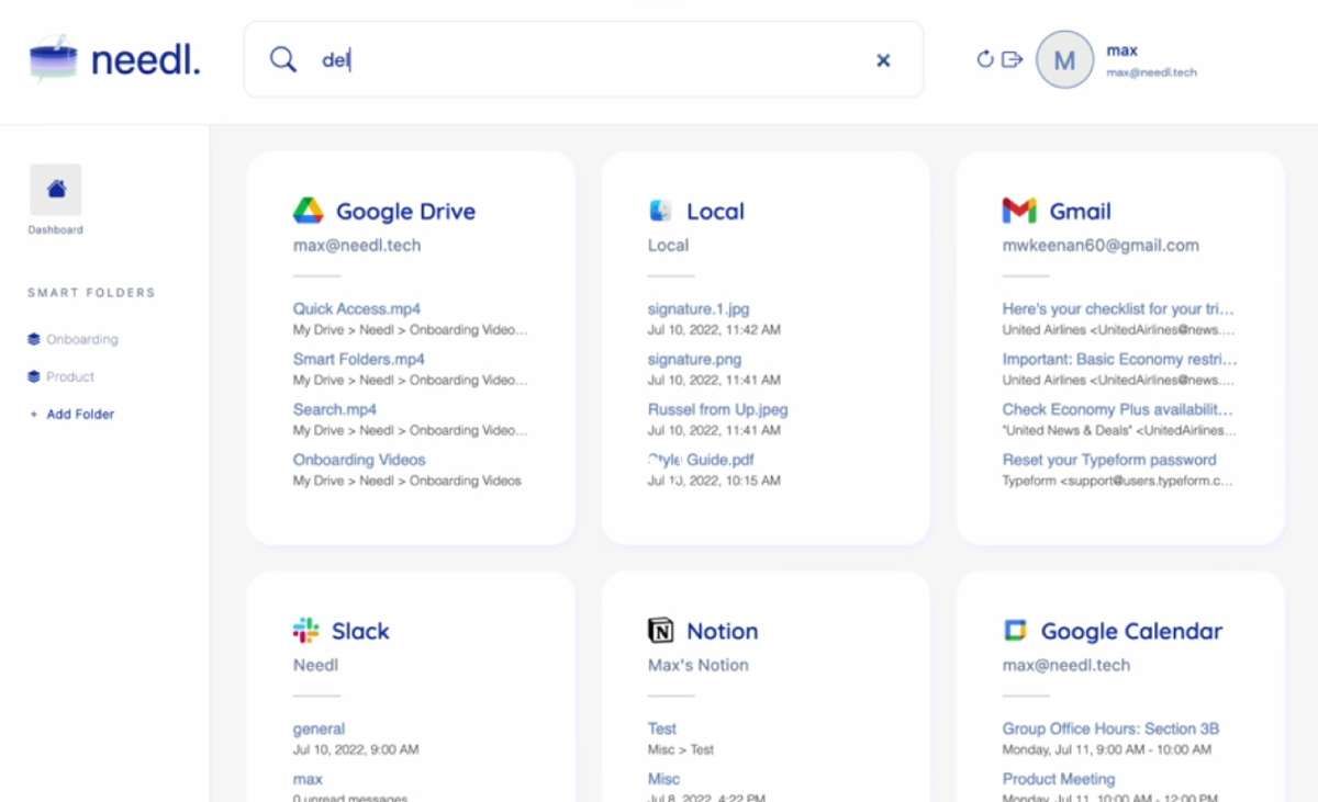 Needl is a universal search engine to find files and chats across productivity apps like Google Drive, Google Calendar, Gmail, Slack, and Notion