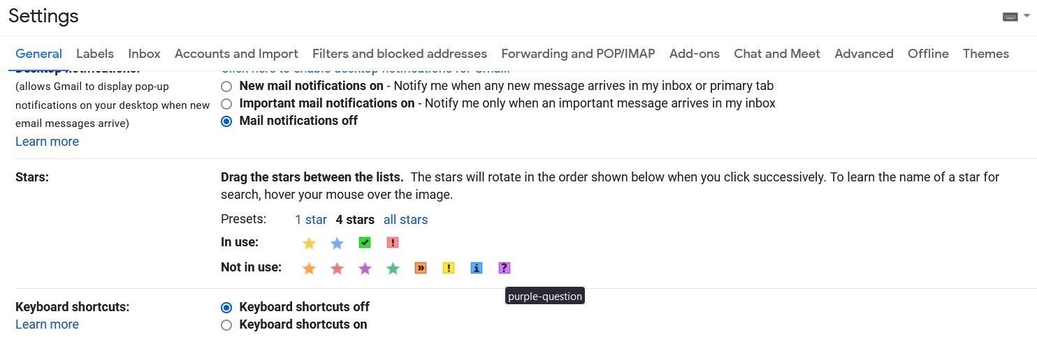 Stars Settings on Gmail