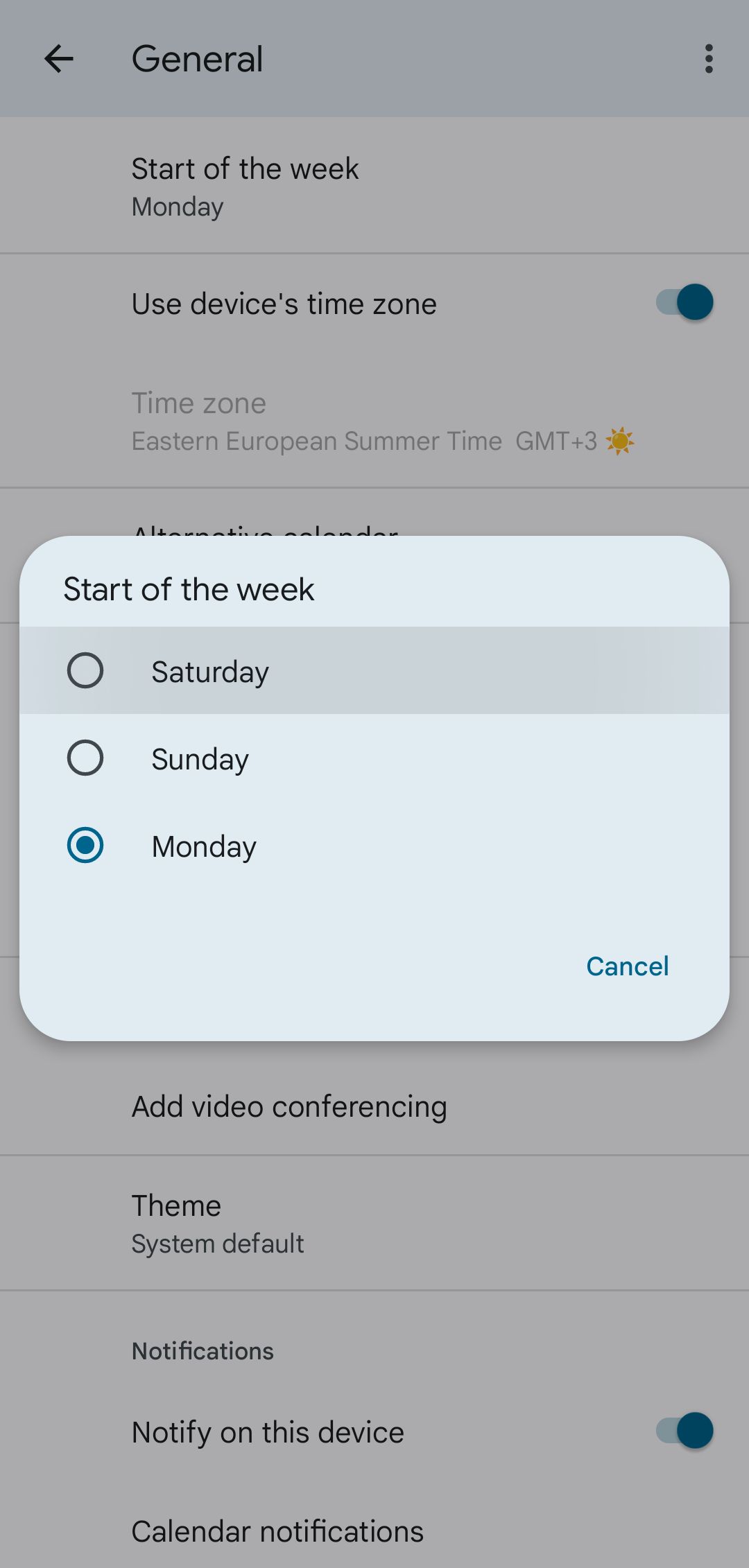 Start of the Week Options on Google Calendar