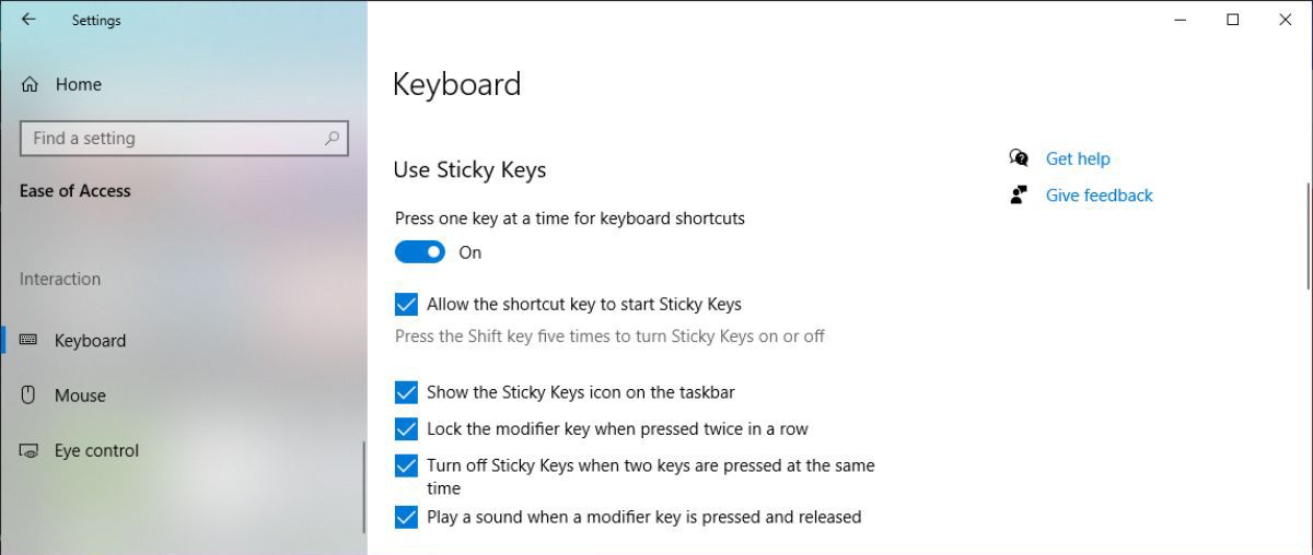 Sticky keys settings in Windows 10