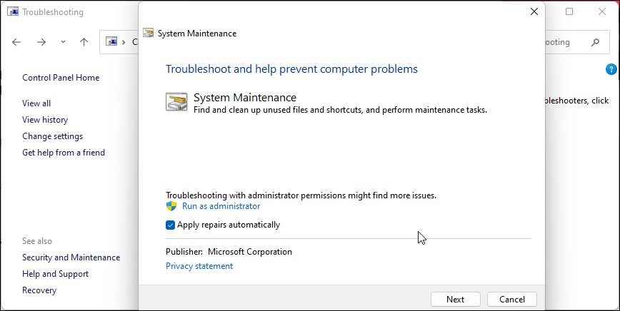system maintenance troubleshooter run as administrator