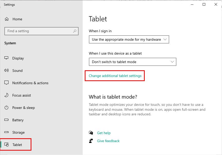 Tablet Menu in Windows Settings